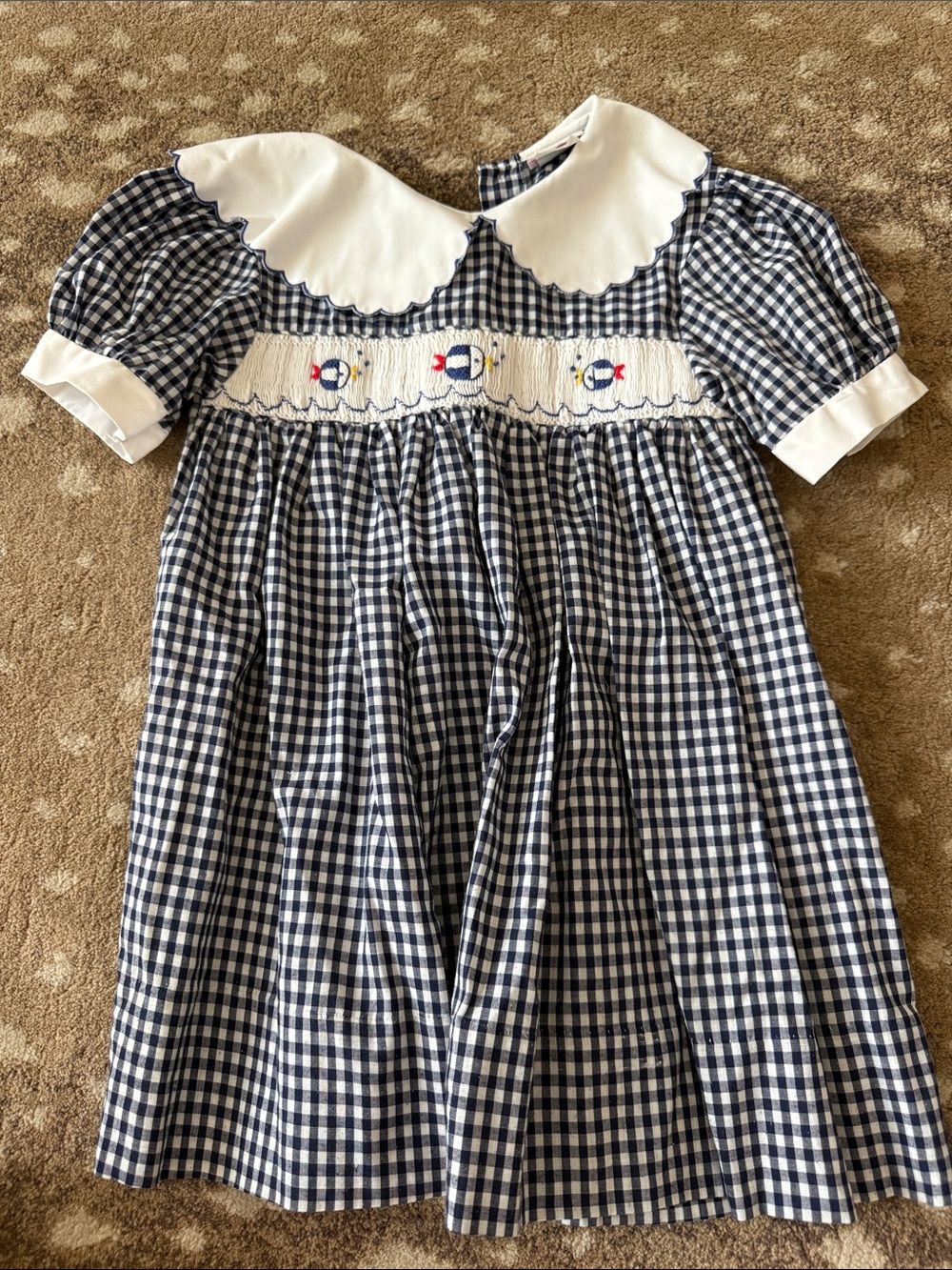 Navy & White Gingham Dress with Scalloped Collar